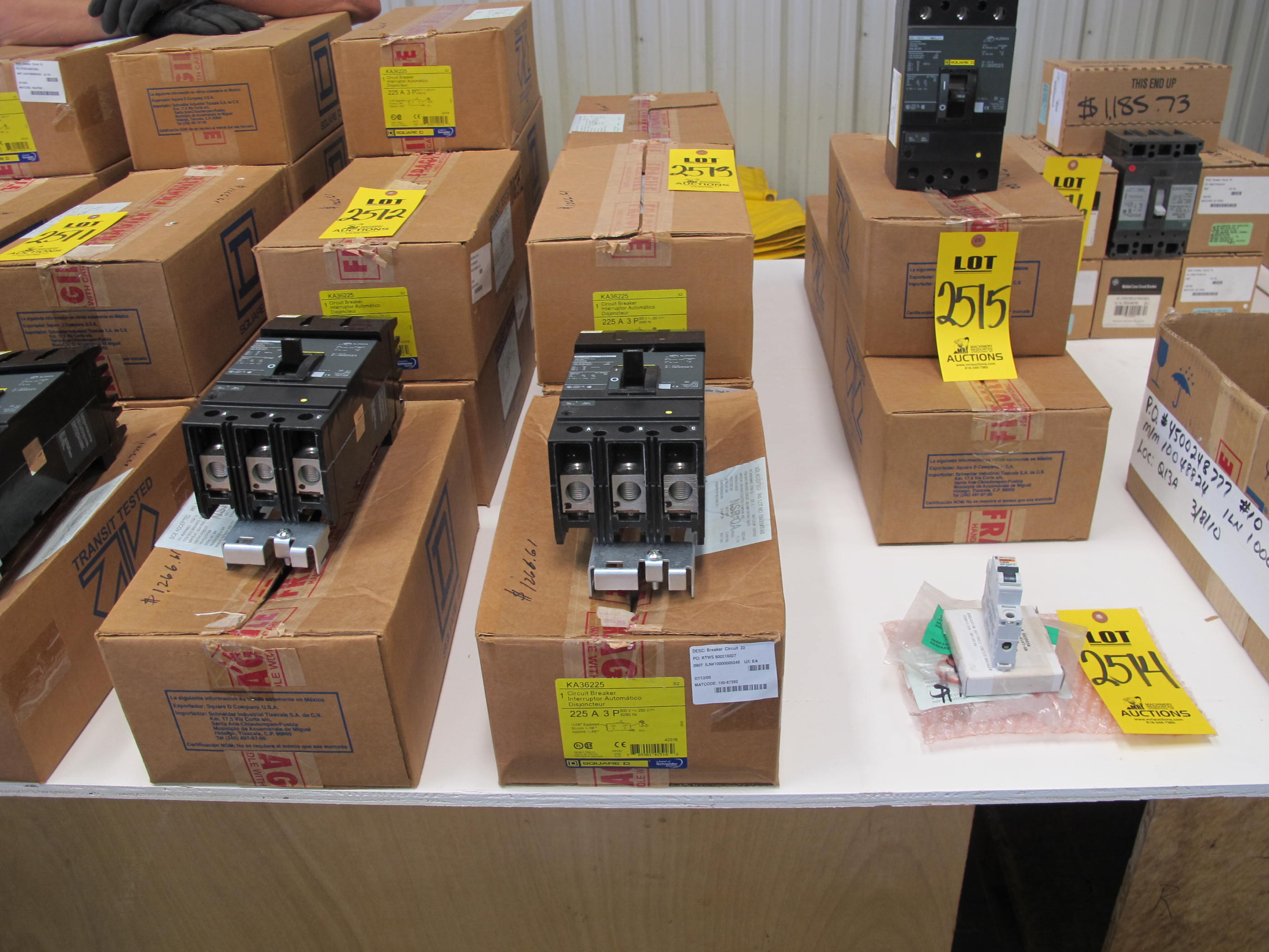 LOT (5) BREAKERS, CIRCUIT TYPE, 225 AMP RATING, 600 AC/250 DC VOLT RATING, 3 POLE, THERMAL MAGNETIC KIND. MOLDED CASE, 225KA FRAME. STATEMENT VENDOR IS AUTHORIZED MFR REPRESENTATIVE DOCUMENT MCCB IS DIRECTLY TRACEABLE TO MFR, PART # KA36225 (W-44) LOADING & HANDLING FEE $5-